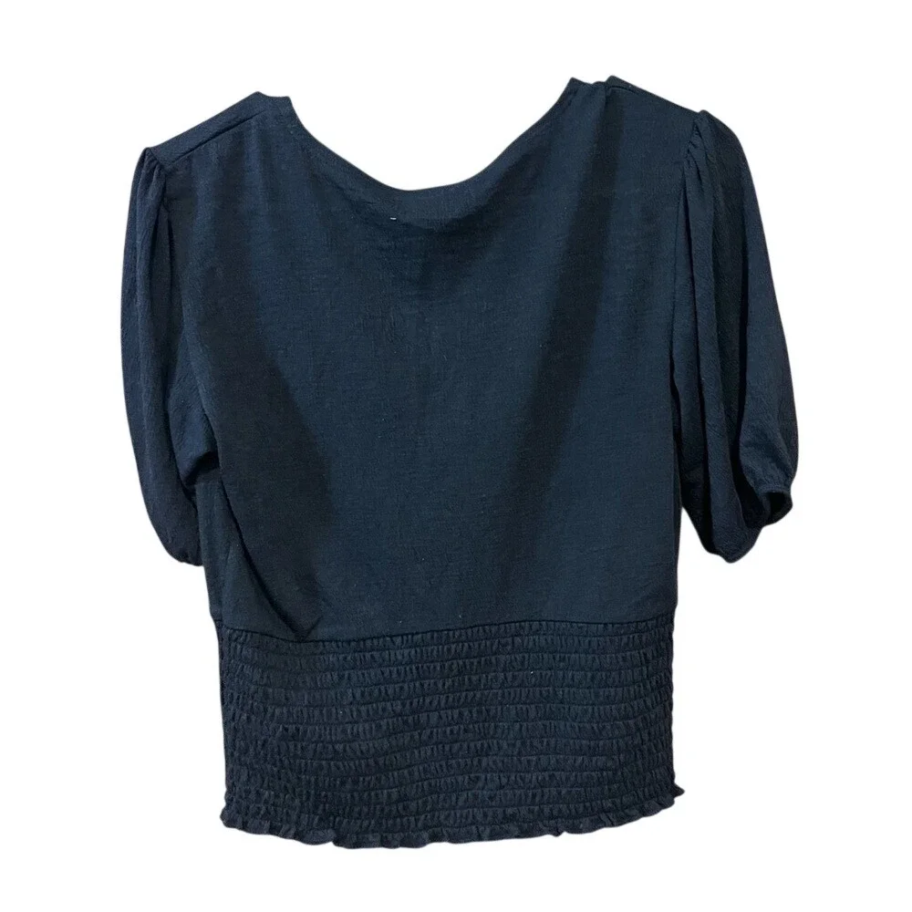 Abercrombie & Fitch Black Tie Front Smocked Waist Puff Sleeve Top Small EUC‎